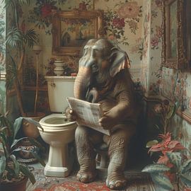 Humorous Elephant Reading in the Bathroom Poster by Poster Art Shop
