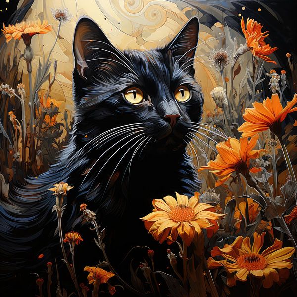 Black Cat and Flowers inspired by Vincent van Gogh by Erika Kaisersot