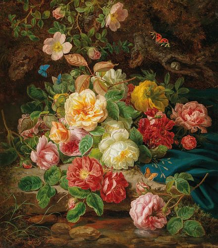 Stilleven met rozen en vlinders bij een beek in een bos, Josef Lauer