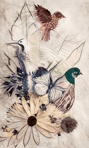 Elegante vlucht van de natuur:  een vintage collage wandkunstwerk