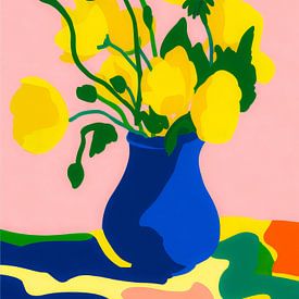 Yellow flowers in a blue vase by But First Framing