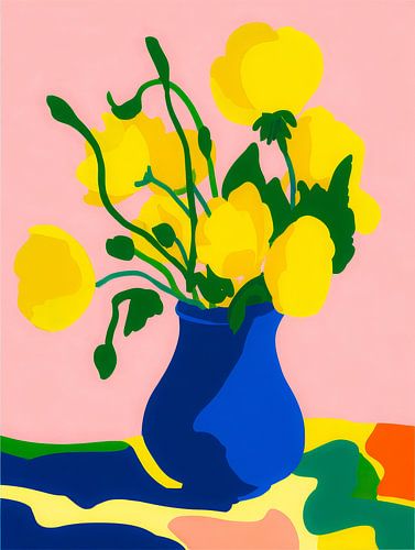 Des fleurs jaunes dans un vase bleu