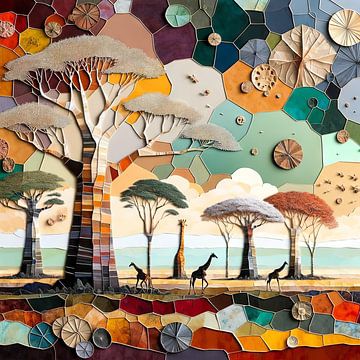 Collage paysage africain avec girafes sur Lois Diallo