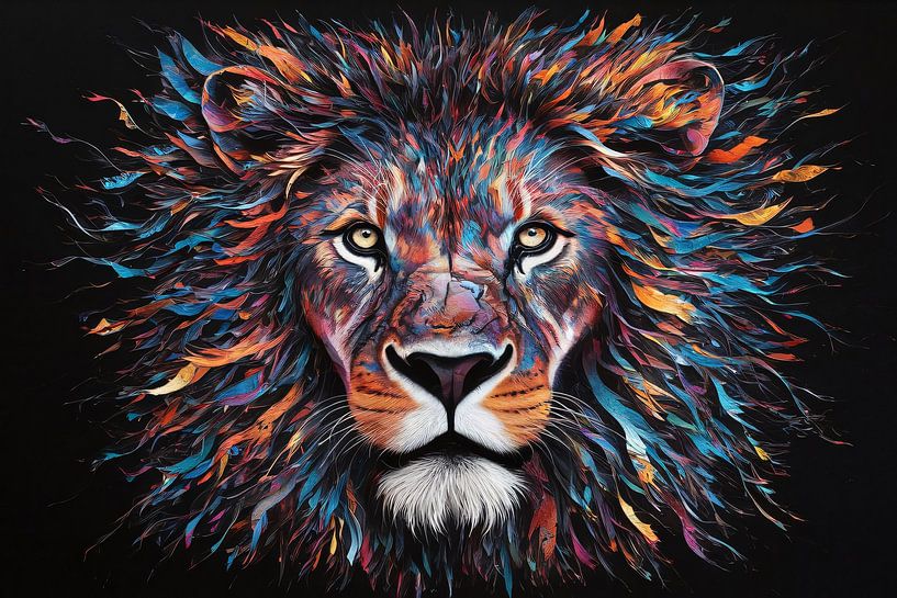 Buntes abstraktes Löwenporträt mit dynamischen Farben von Art & Soul Creations