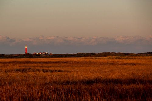 View of De Slufter and Vuurtoren Texel at sunset on the Wadden Islands
