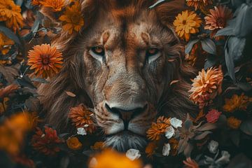 Lion & Flowers - Royal Appearance - orange - warm by Eva Lee
