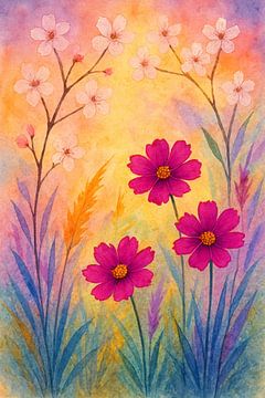 Cosmea und Gräser im Bohostil von Claudia Gründler