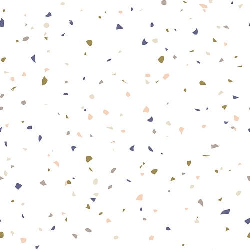 Abstract Terrazzo behang in pastel roze, blauw, bruin en wit.