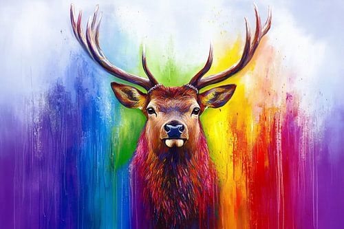Kleurrijke herten schilderij regenboog