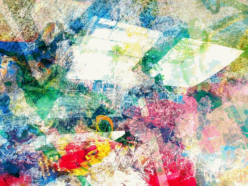 Modernes, abstraktes digitales Kunstwerk in Blau, Rot, Pastellfarben von Art By Dominic