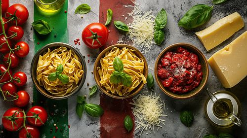 Italiaanse keuken met pasta, tomaten en parmezaan