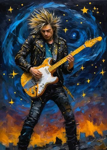Man speelt elektrische gitaar in abstracte sterrennacht