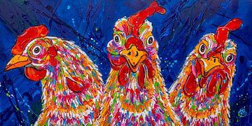 Hühner in Blau von Happy Paintings