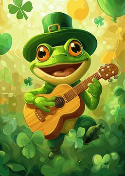 Cheerful frog with guitar in the clover field by Pixelbull Design