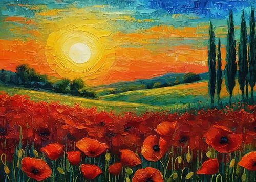 Ochtendzon in Toscane met rode klaprozen