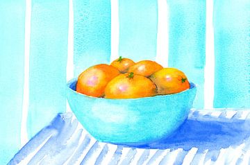 Blaue Schüssel mit frischen Orangen Aquarellgemälde von Karen Kaspar