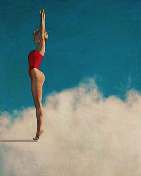 Gemälde einer Frau, die bereit ist, in die Wolken zu springen