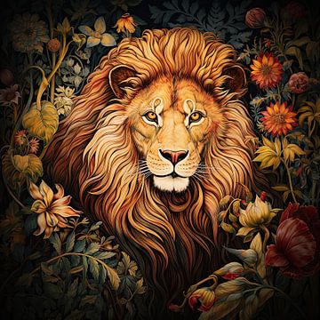 Portrait d'un lion entouré de plantes sur Vlindertuin Art