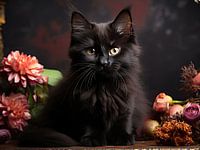Cute Black Cat and Flowers