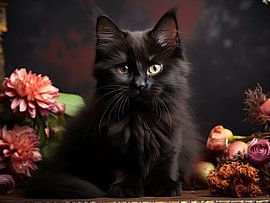 Schwarze Katze im floralen Stillleben von Erika Kaisersot