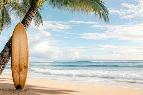 Surfplank op het met palmbomen omzoomde strand