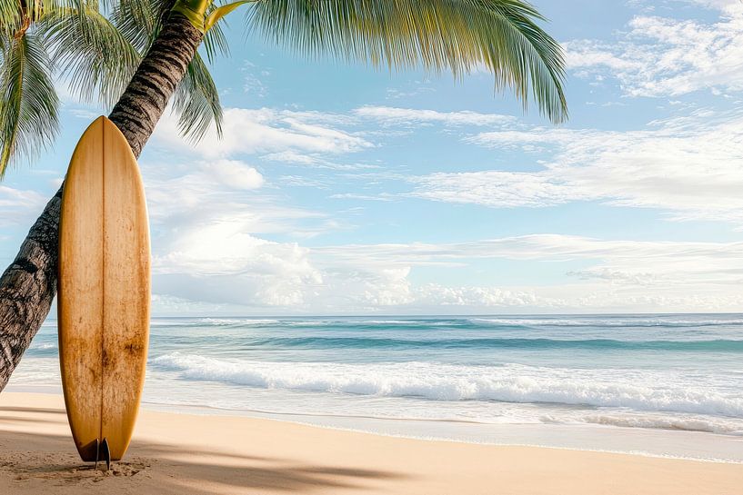 Surfplank op het met palmbomen omzoomde strand van Poster Art Shop