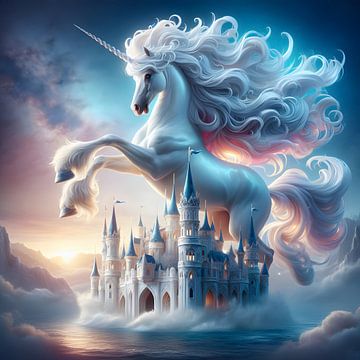 Weisses Einhorn mit zauberhaftem Schloss von Segaspics