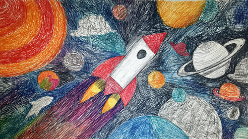Vliegende raket in het heelal panorama tekening