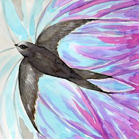 Gierzwaluw in vogelvlucht. Dynamische aquarel van Bianca Wisseloo