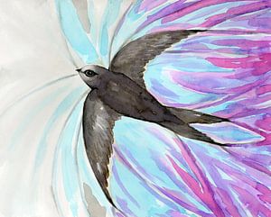 Gierzwaluw in vogelvlucht. Dynamische aquarel van Bianca Wisseloo