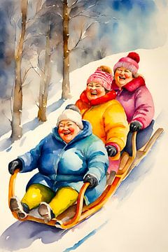 3 sociable ladies sledding by De gezellige Dames