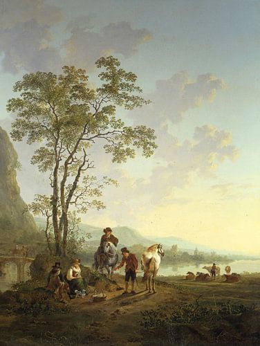 Italianiserend landschap met reizigers aan de kant van de weg, Jacob van Strij