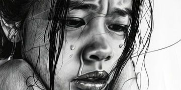 Tranen op het gezicht van een jonge Aziatische vrouw van Frank Heinz