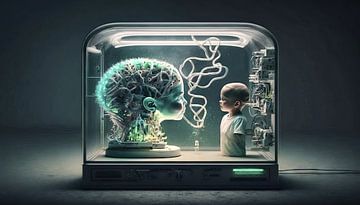 Elektronisch brein en nieuwsgierige jongen onder glas van Frank Heinz