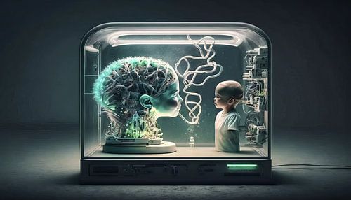Un cerveau électronique et un garçon curieux sous verre