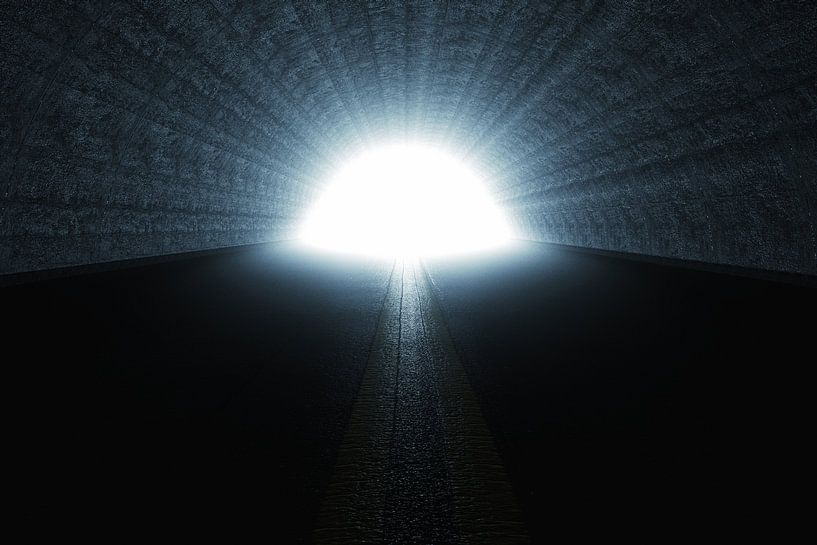 Dark concrete tunnel with light at the end of the tunnel by Besa Art