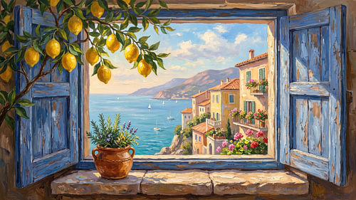 Mediterranean Sunlit Coastal Window Lemon View