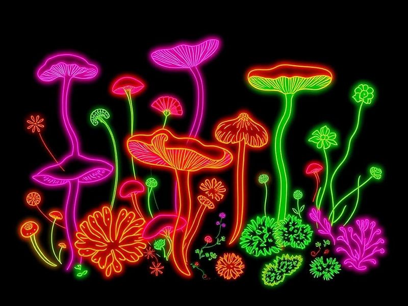 Vibrant Neon Fungi Garden : Un pays des merveilles psychédélique de champignons phosphorescents avec des plantes fluorescentes par Artistic