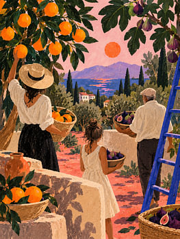 Familie bei der Ernte – Orangen & Feigen