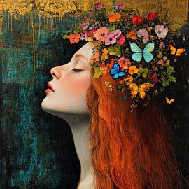 Flowers Woman | Butterfly Crown by Eye catching paintings