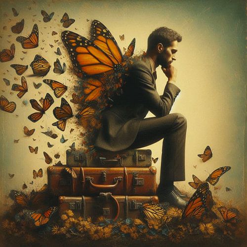 man op koffers ontpopt zich als vlinder?