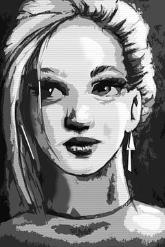 Portrait en noir et blanc d'une jeune femme, style graphique sur Emiel de Lange