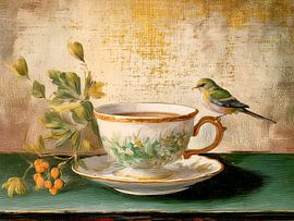 Illustration Gemälde. Neugieriger kleiner Vogel auf Tasse und Untertasse. von Studio Pieternel