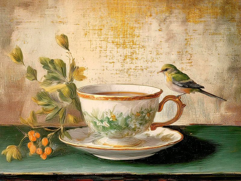 Illustration painting. Curious little bird on cup and saucer. by Studio Pieternel