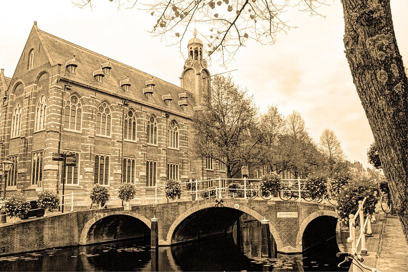 Nonnenbrug met Academiegebouw Leiden Nederland Sepia van Hendrik-Jan Kornelis