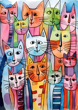 Kleurrijke Katten, Aquarel van Jacky