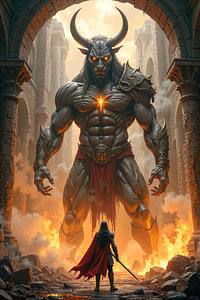 Dark Fantasy Wandbild: KORVANIS – Ein Krieger steht einem riesigen Minotaurus gegenüber