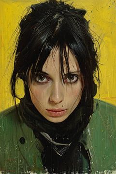 Realistisch portret van een vrouw met gele achtergrond van Art & Soul Creations