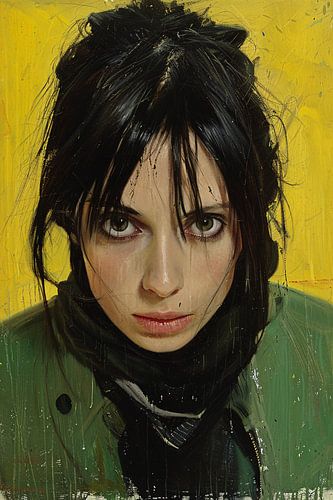 Portrait réaliste d'une femme sur fond jaune