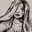 Inkt tekening portret meisje met lange haren - vierkant formaat van Emiel de Lange thumbnail